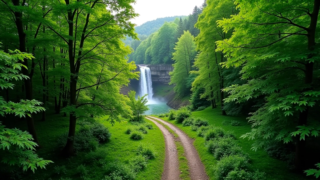 Aerial view of winding hiking path through lush green forest canopy with waterfall visible in distance