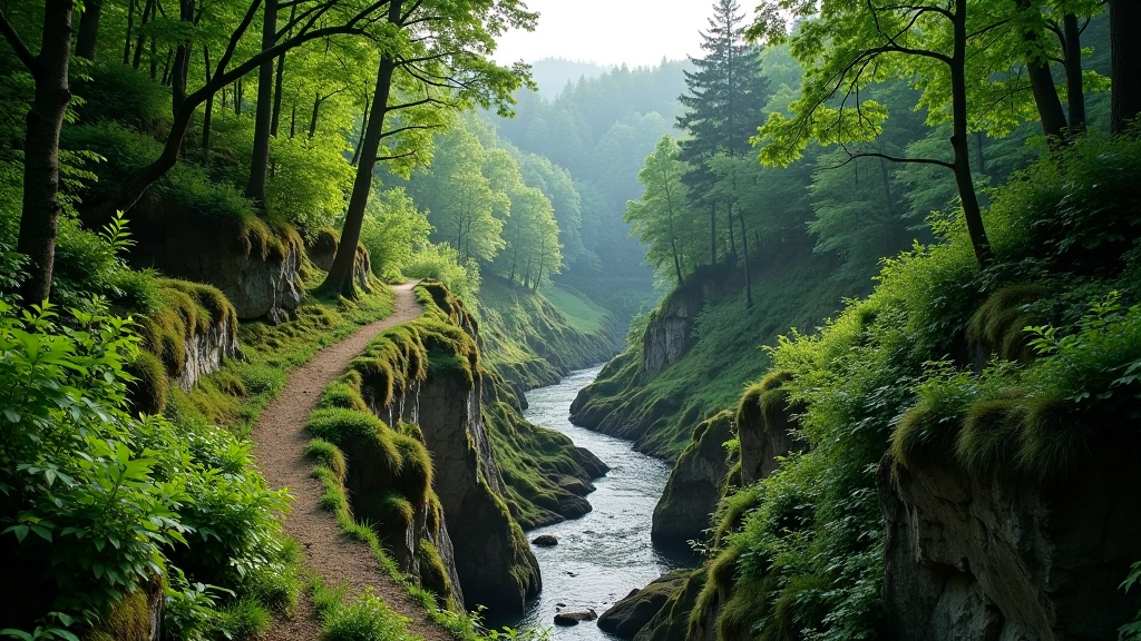 Scenic ravine valley with forested slopes and walking path