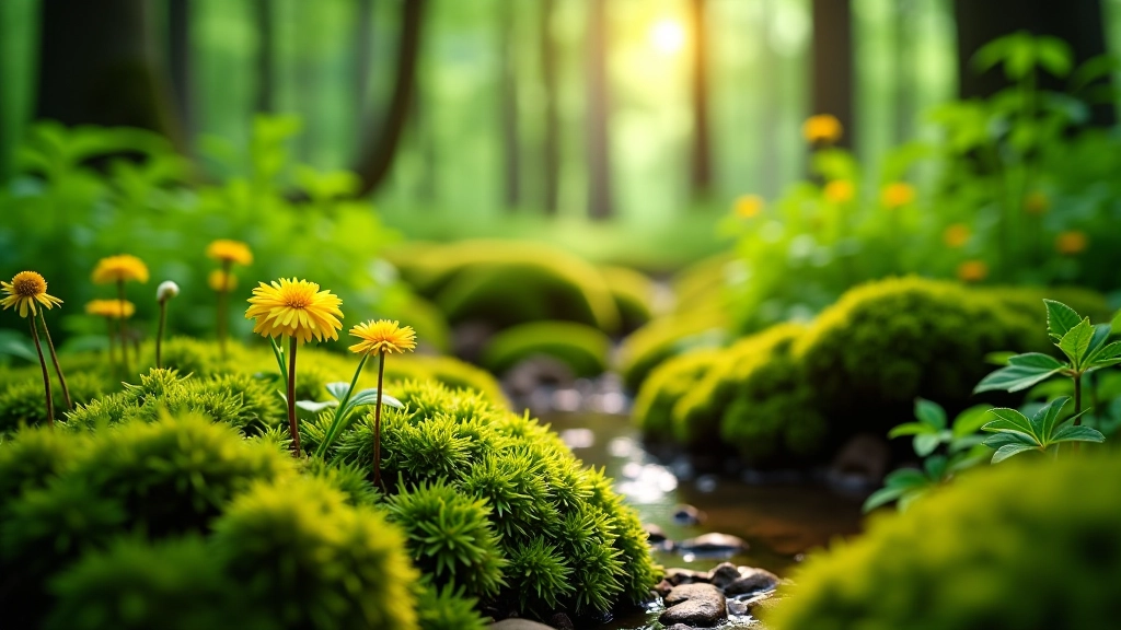 Close-up of vibrant green moss and delicate ferns growing on forest floor beside hiking trail, dappled sunlight