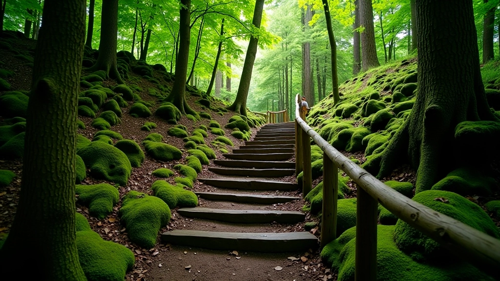Forest trail with shallow stone steps leading downward through dense green trees with moss-covered forest floor and sturdy wooden handrail