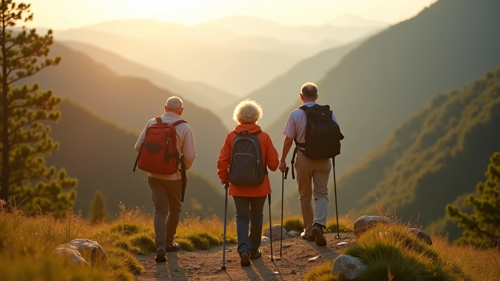 Senior hikers enjoying scenic viewpoint overlooking green ravine valley with distant waterfall