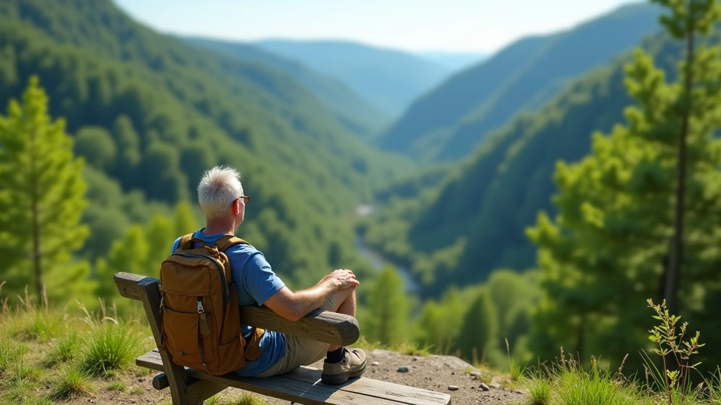 Hiker sitting on rest bench at trail viewpoint, legs outstretched, looking out over green forested valley on clear sunny day