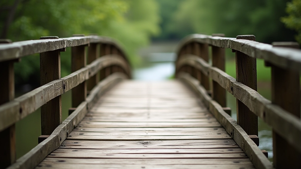 Close-up view of wooden bridge planks with river flowing beneath, showing traditional construction details and weathered timber surface