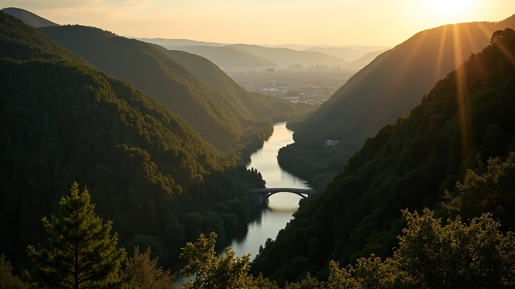 Valley landscape view from bridge showing river bend, forested hillsides, and distant town buildings nestled among trees