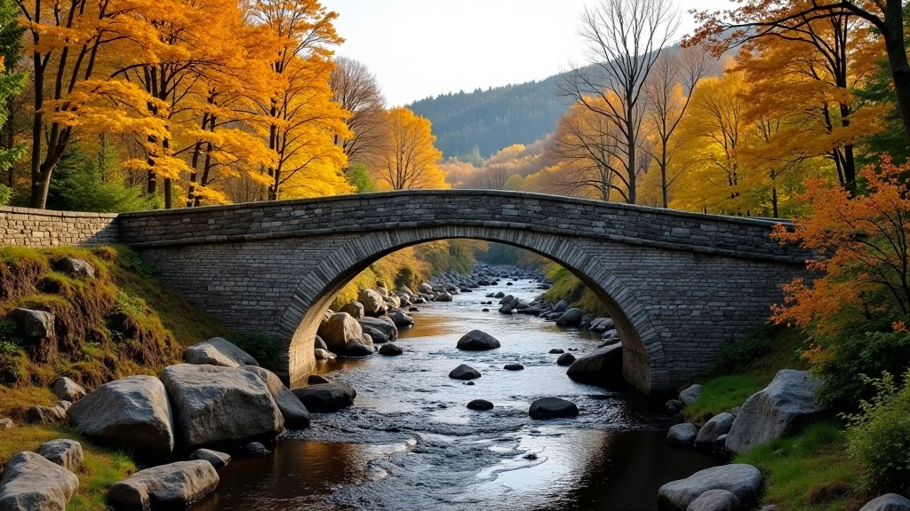 Historic stone bridge spanning across river valley with autumn foliage surrounding the ancient structure