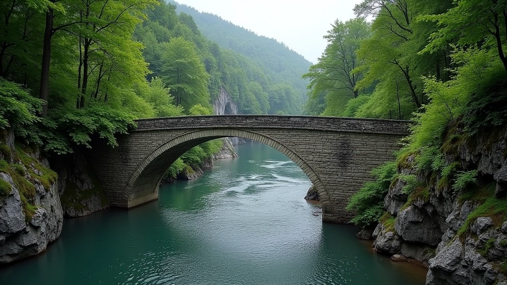 Historic stone bridge spanning river gorge with forested cliffs and calm water reflection