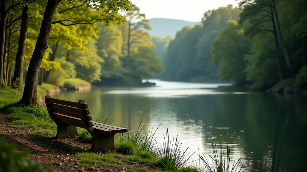 Peaceful riverside viewing area with benches and calm water reflecting surrounding greenery and cliffs