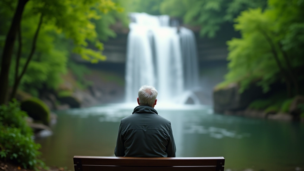 Person sitting peacefully on wooden bench overlooking the full width of Ventas Rapid waterfall, surrounded by lush green forest, contemplative moment