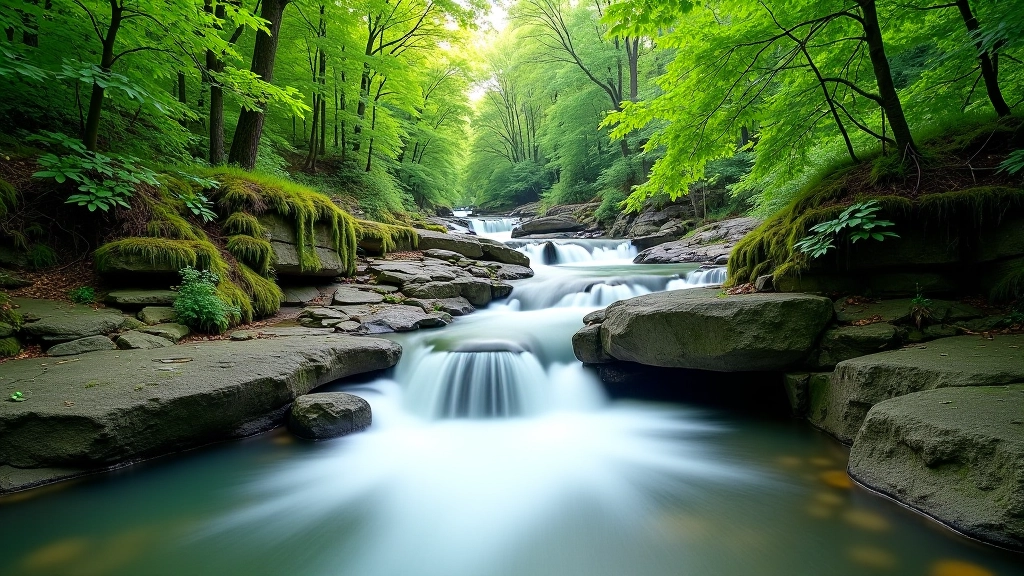 Waterfall ravine with flowing water, lush greenery, natural landscape photography, soft afternoon light