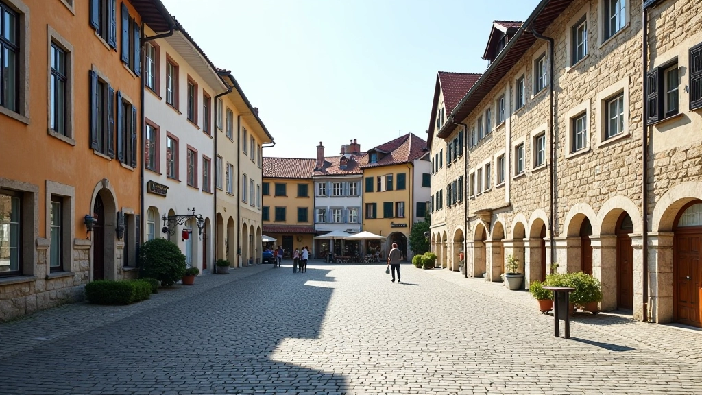 Kuldīga town square with traditional architecture, cobblestone streets, and historic buildings surrounding the central area