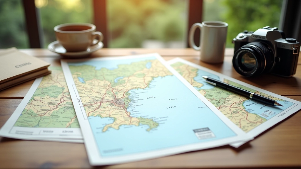 Travel planning items including map of Latvia, camera, notebook, and hiking guidebook arranged on wooden table with coffee cup