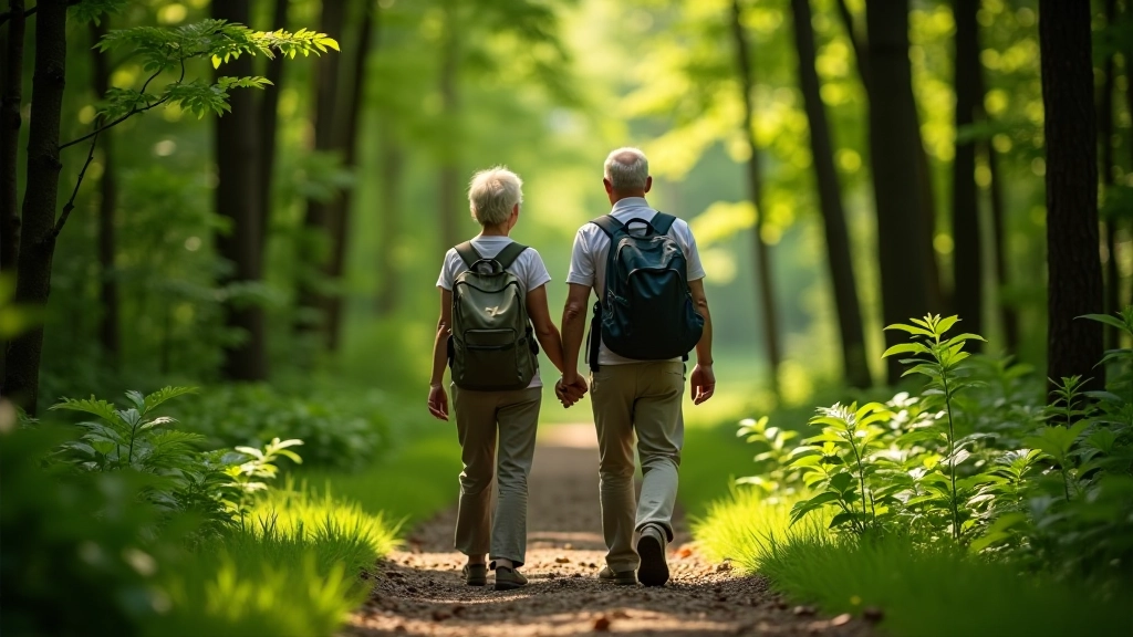 Senior adults walking on easy forest path, enjoying nature, peaceful outdoor hiking experience, natural daylight