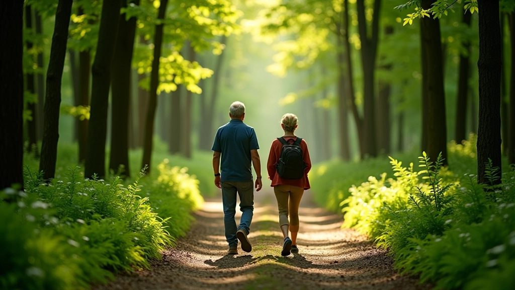 Couple walking on well-maintained forest path with dappled sunlight through tall trees and green undergrowth