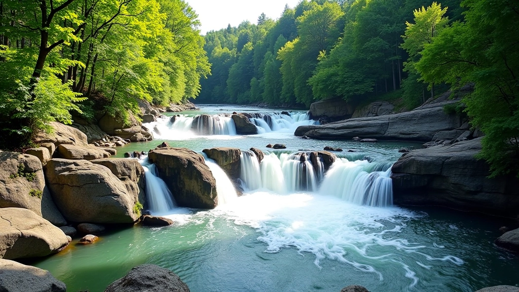 Wide panoramic view of Venta Rapid waterfall cascading across rocky cliffs with forested banks and misty water spray