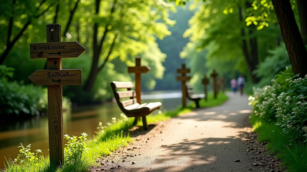 Scenic riverside walking path with directional signs and wooden benches, forested areas, and calm water views alongside the trail