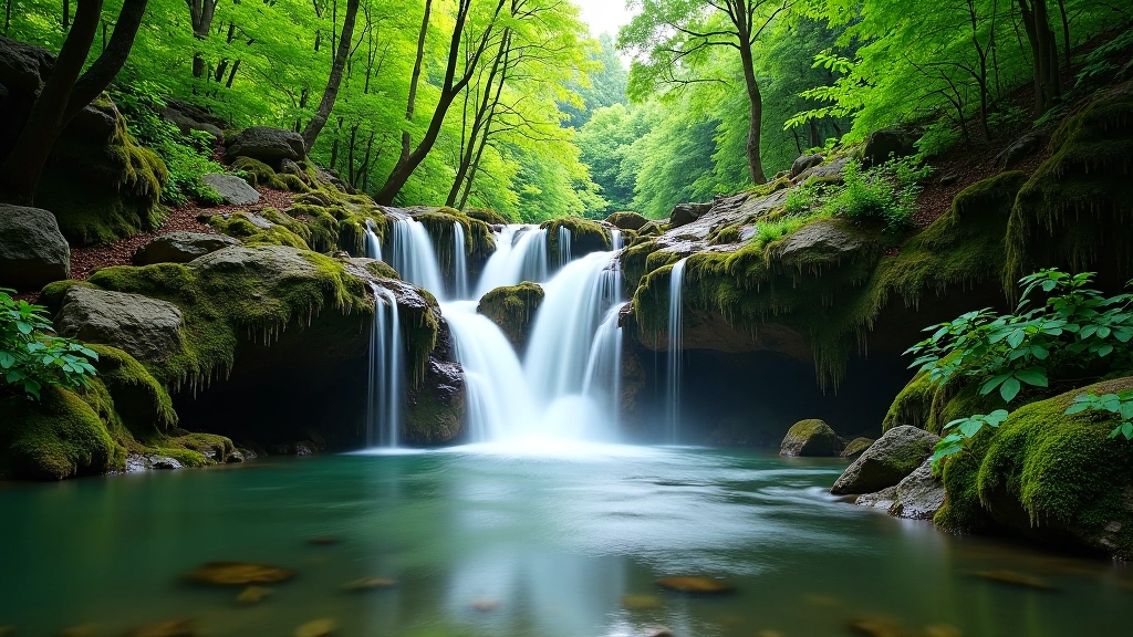Scenic waterfall flowing through rocky ravine with green vegetation surrounding the natural basin