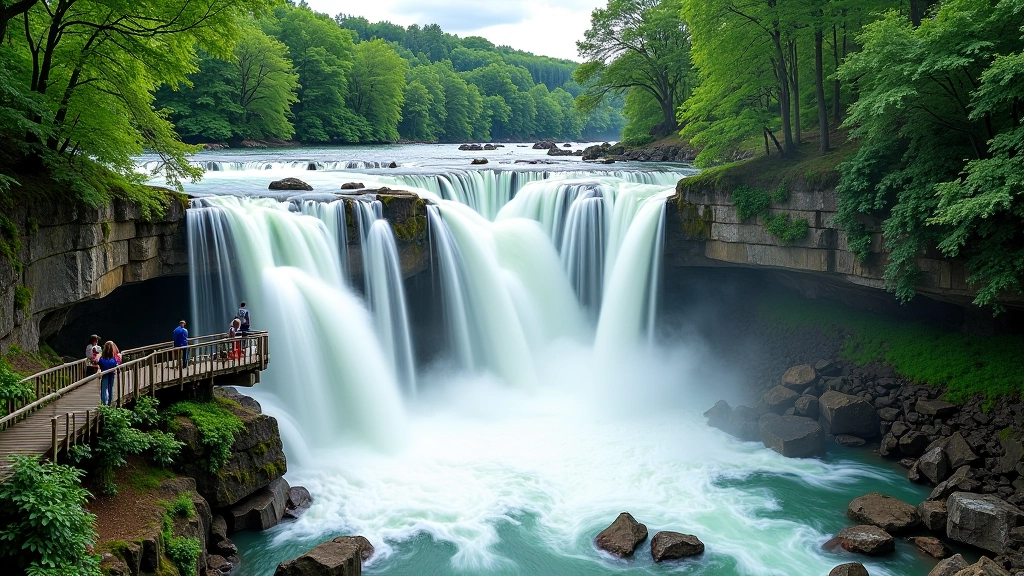 Wide panoramic view of Ventas Rapid waterfall cascading across rocky ledge with visitors standing safely on wooden viewing platform