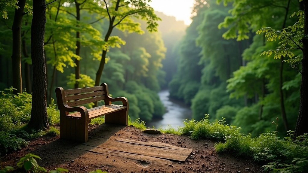 Wooden bench overlooking a forested ravine valley with green canopy and hiking trail visible below