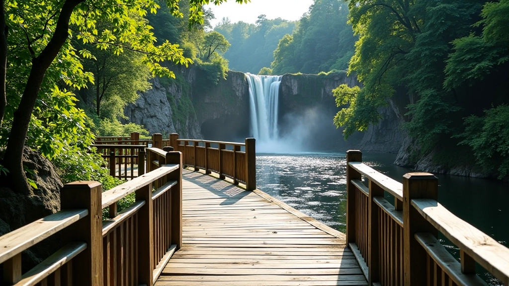 Elevated wooden platform viewpoint at Venta Rapid with safety railings, wide waterfall vista below, forested banks on either side