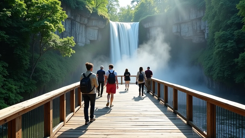 Modern wooden viewing platform with safety railings overlooking turbulent waterfall waters, multiple visitors enjoying the view, misty spray visible
