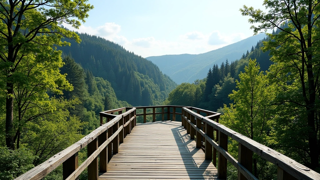 Scenic overlook viewpoint with wooden safety railing overlooking deep forested valley and distant water features
